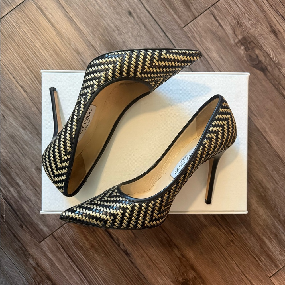 Jimmy Choo Black & Gold Woven Pointed-Toe Pumps